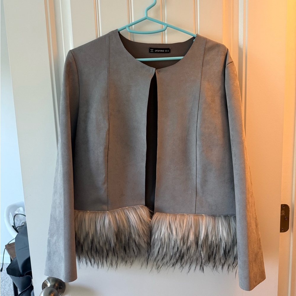 Gray Faux Fur Trim Jacket